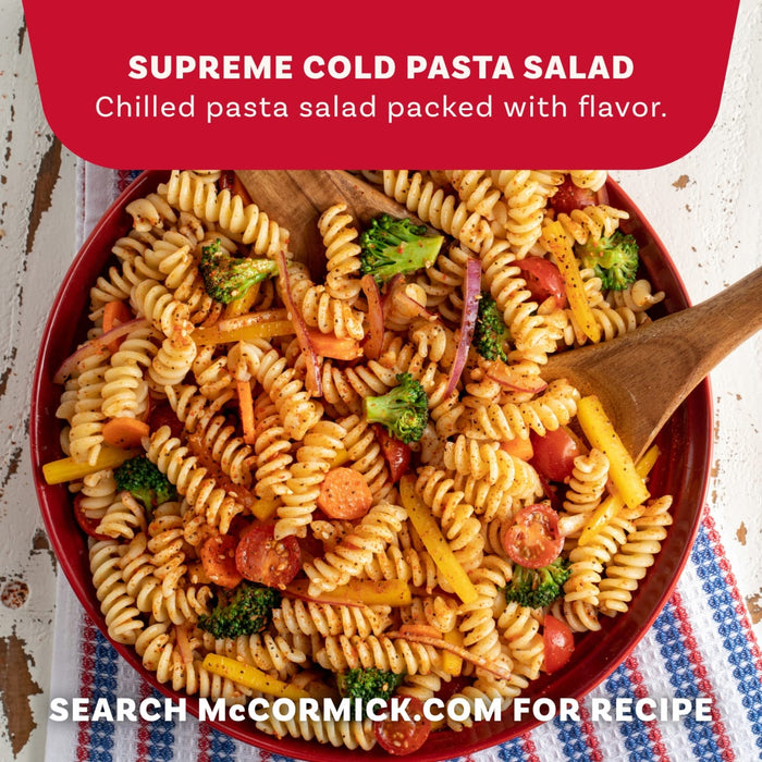 A vibrant bowl of rotini pasta salad tossed with fresh vegetables and Mccormick Signature Seasoning Salad Supreme Oz is presented as a recipe suggestion from the McCormick website.