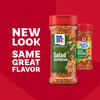 An advertisement shows the packaging update for Mccormick Perfect Pinch Salad Supreme Seasoning Assorted 4.34 Oz, with the new bottle in the foreground and the old bottle in the background, alongside text that reads, New Look Same Great Flavor.