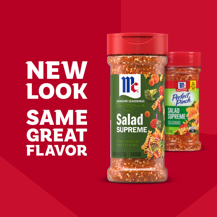 An advertisement shows the packaging update for Mccormick Perfect Pinch Salad Supreme Seasoning Assorted 4.34 Oz, with the new bottle in the foreground and the old bottle in the background, alongside text that reads, New Look Same Great Flavor.