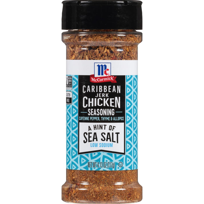 ['A jar of McCormick Caribbean Jerk Chicken Seasoning with a hint of sea salt.']