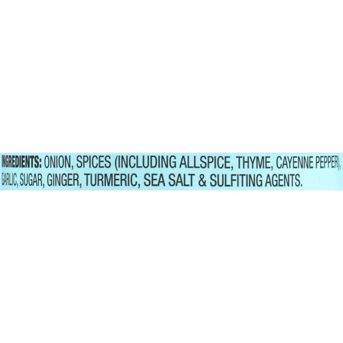 A list of ingredients for a product including onion spices garlic sugar ginger turmeric sea salt and sulfites.