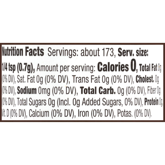 Nutrition facts for 1/4 teaspoon of the product showing 0 calories and 0 grams of fat.