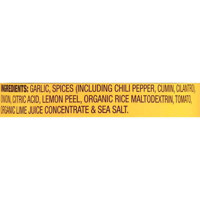 Ingredients for a product including garlic spices chili pepper cumin cilantro onion citric acid lemon peel organic rice maltodextrin tomato organic lime juice concentrate and sea salt.