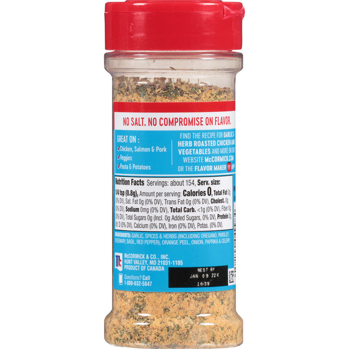 A bottle of McCormick Garlic &amp; Herb Seasoning with no salt.