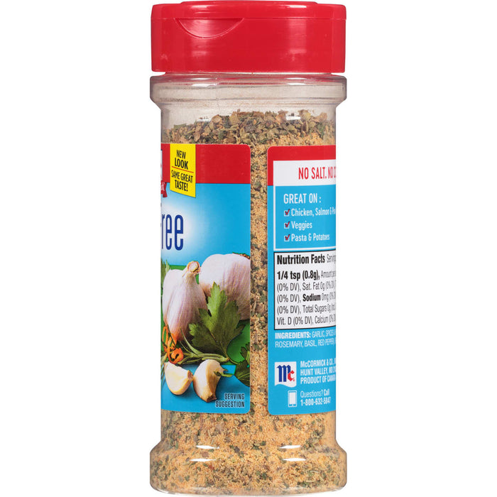 A McCormick Garlic &amp; Herb Seasoning bottle with a serving suggestion of garlic rosemary and basil.