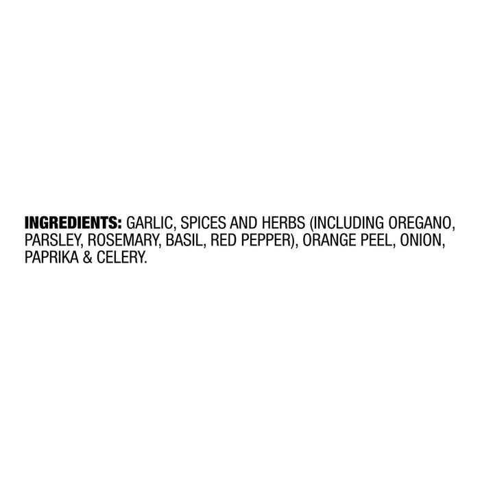 The ingredient list for Mccormick Garlic And Herb Seasoning Ground 4.37 Oz includes garlic, spices and herbs such as oregano, parsley, rosemary, basil, and red pepper, along with orange peel, onion, paprika, and celery.
