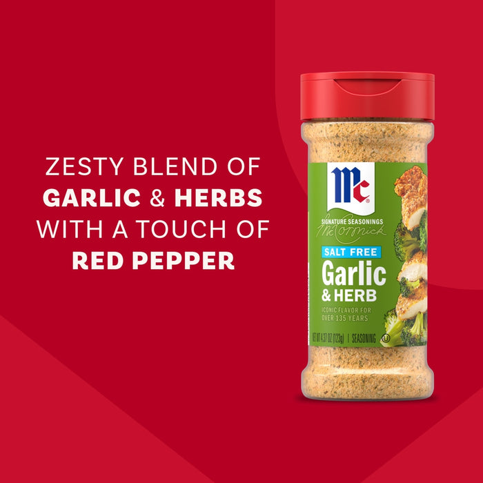 A bottle of Mccormick Garlic And Herb Seasoning Ground 4.37 Oz is displayed against a red background featuring text that describes it as a zesty blend of garlic and herbs with a touch of red pepper.