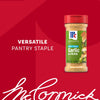 A bottle of Mccormick Garlic And Herb Seasoning Ground 4.37 Oz is displayed against a vibrant red background as a versatile pantry staple.