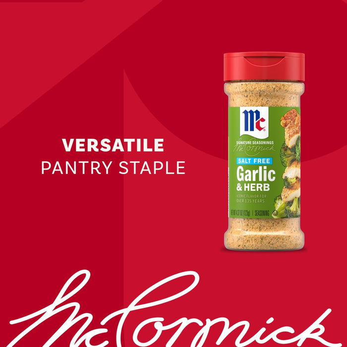 A bottle of Mccormick Garlic And Herb Seasoning Ground 4.37 Oz is displayed against a vibrant red background as a versatile pantry staple.