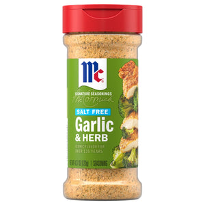 A bottle of Mccormick Garlic And Herb Seasoning Ground 4.37 Oz featuring a salt free blend of spices with a green label and an image of seasoned chicken and broccoli.