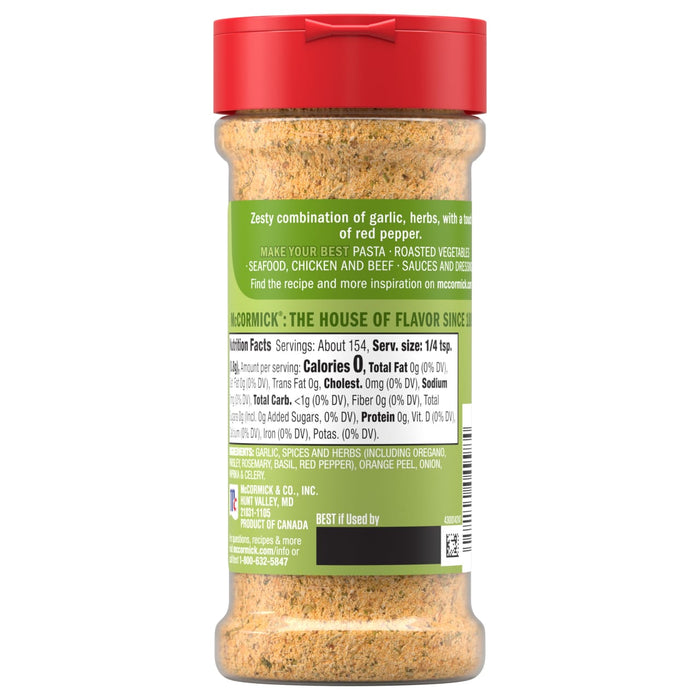 The back label of Mccormick Garlic And Herb Seasoning Ground 4.37 Oz displays nutritional facts and a list of ingredients including garlic, oregano, parsley, rosemary, and red pepper.