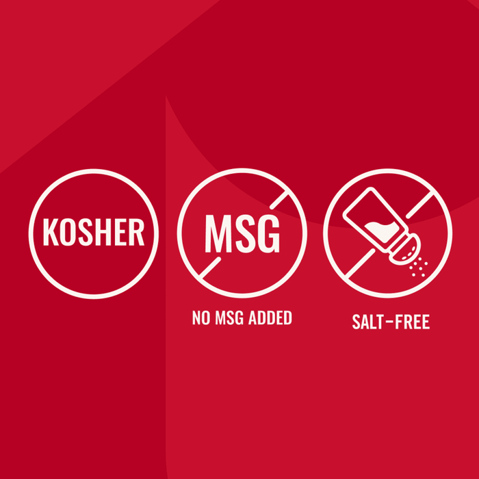 An infographic for Mccormick Roasted Garlic And Red Bell Pepper Seasoning Ground 4.34 Oz highlighting that the product is Kosher, has no MSG added, and is salt-free.