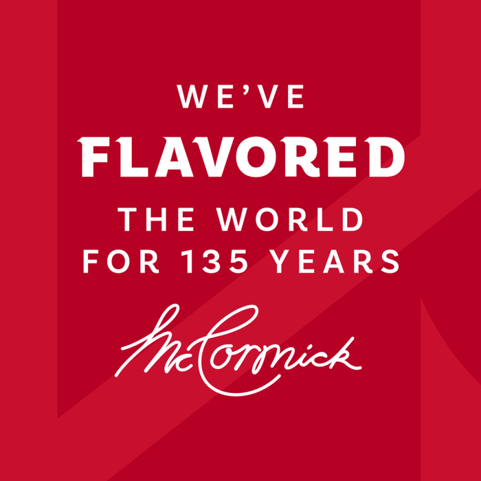 A graphic illustration celebrating the McCormick brand legacy featuring the text We have flavored the world for 135 years alongside the Mccormick Roasted Garlic And Red Bell Pepper Seasoning Ground 4.34 Oz logo on a red background.