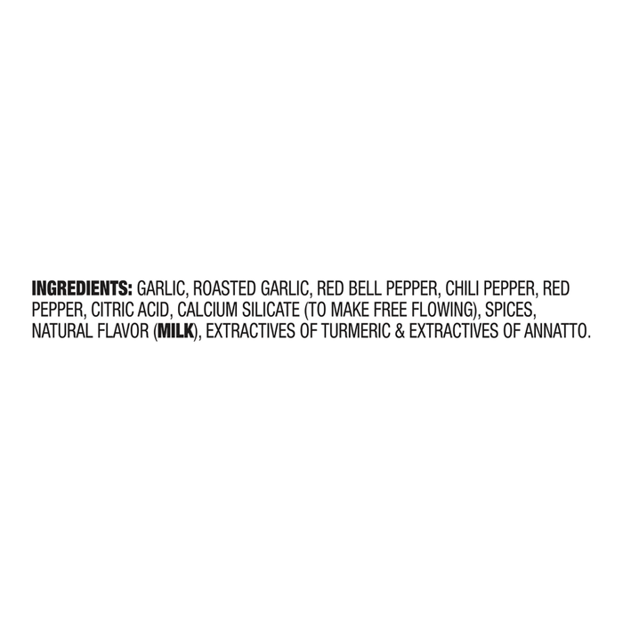 An ingredient list for Mccormick Roasted Garlic And Red Bell Pepper Seasoning Ground 4.34 Oz which contains garlic, roasted garlic, red bell pepper, chili pepper, red pepper, citric acid, calcium silicate, spices, natural flavor with milk, and extractives of turmeric and annatto.