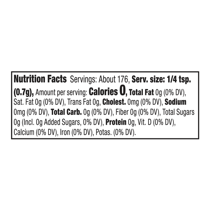 A nutrition facts label for Mccormick Roasted Garlic And Red Bell Pepper Seasoning Ground 4.34 Oz showing zero calories and zero grams of fat per one quarter teaspoon serving.