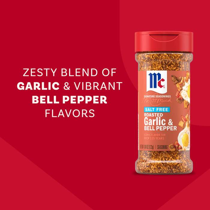A bottle of Mccormick Roasted Garlic And Red Bell Pepper Seasoning Ground 4.34 Oz is displayed against a red background with text highlighting its zesty blend of garlic and vibrant bell pepper flavors.
