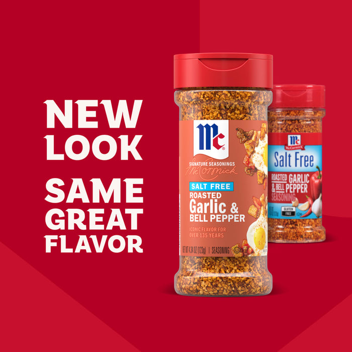 A promotional graphic showcases the new packaging for Mccormick Roasted Garlic And Red Bell Pepper Seasoning Ground 4.34 Oz alongside its previous design to highlight the updated look for the same great flavor.