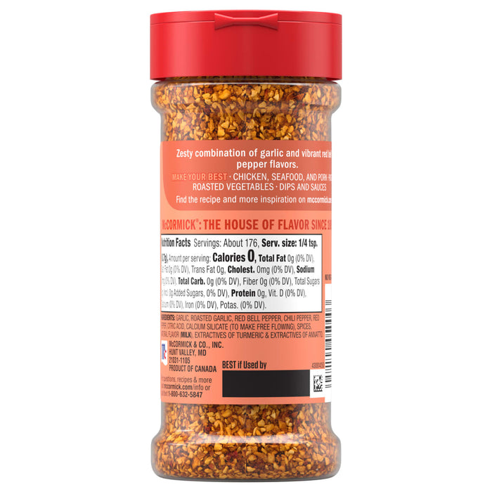 The back label of Mccormick Roasted Garlic And Red Bell Pepper Seasoning Ground 4.34 Oz displays nutrition facts and an ingredient list featuring garlic, red bell pepper, and chili pepper.