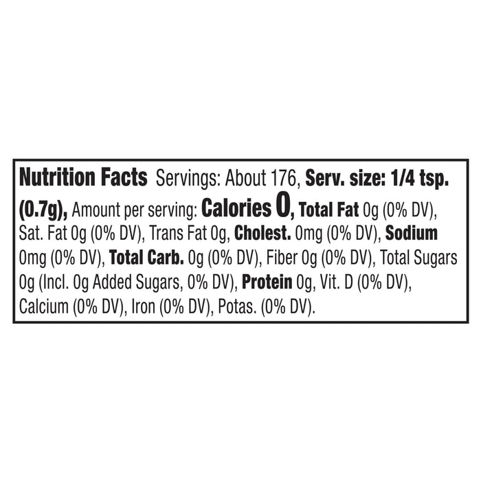 A nutrition facts label for Mccormick Roasted Garlic And Red Bell Pepper Seasoning Ground 4.34 Oz showing zero calories and zero grams of fat per one quarter teaspoon serving.