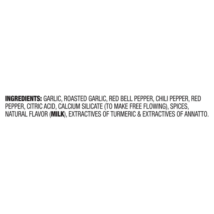The ingredient list for Mccormick Roasted Garlic And Red Bell Pepper Seasoning Ground 4.34 Oz includes garlic, roasted garlic, red bell pepper, chili pepper, red pepper, citric acid, calcium silicate, spices, natural flavor with milk, and extractives of turmeric and annatto.