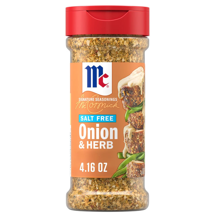A clear plastic bottle of Mccormick Onion And Herb Seasoning Crystal 4.16 Oz featuring a red flip-top lid and a label showing a stack of seasoned meat and green beans.