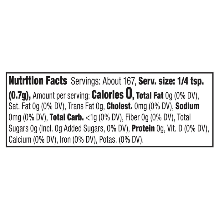 A nutrition facts label for Mccormick Onion And Herb Seasoning Crystal 4.16 Oz showing zero calories and zero milligrams of sodium per one quarter teaspoon serving.