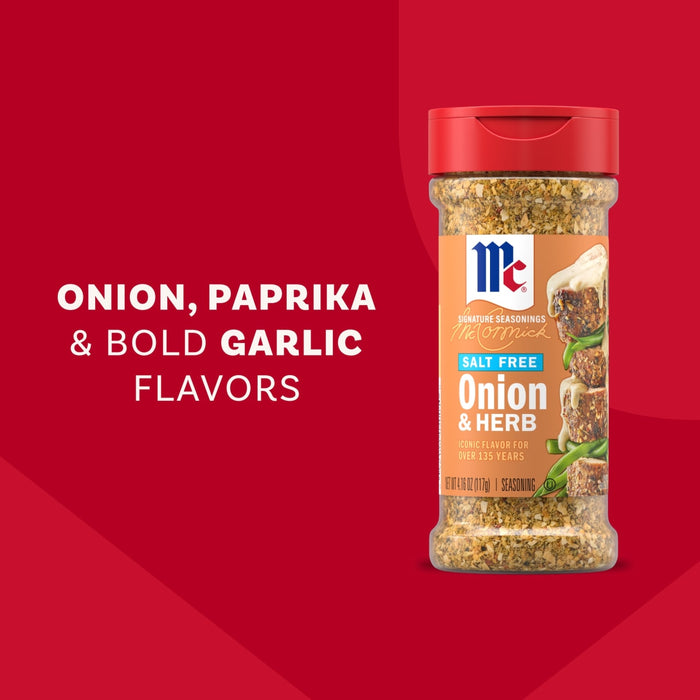 A bottle of Mccormick Onion And Herb Seasoning Crystal 4.16 Oz is displayed against a red background highlighting its onion, paprika, and bold garlic flavors.
