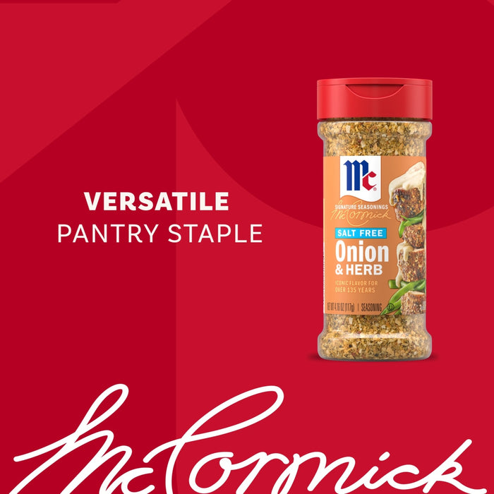 A bottle of Mccormick Onion And Herb Seasoning Crystal 4.16 Oz is displayed against a vibrant red background featuring the brand name in large white script.