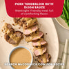 A promotional image for a pork tenderloin with dijon sauce recipe featuring sliced meat seasoned with Mccormick Onion And Herb Seasoning Crystal 4.16 Oz and served with green beans.