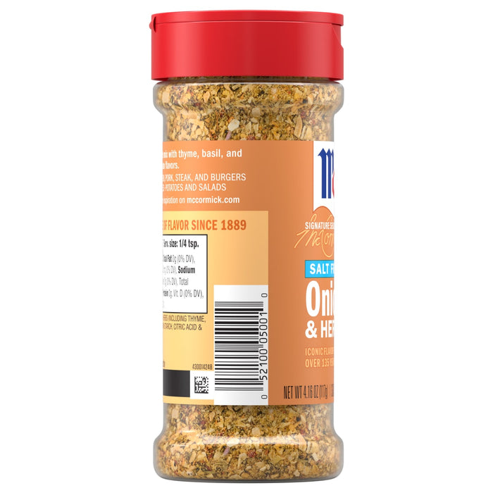 A clear plastic bottle of Mccormick Onion And Herb Seasoning Crystal 4.16 Oz featuring a red cap and a label with nutritional information and a barcode.