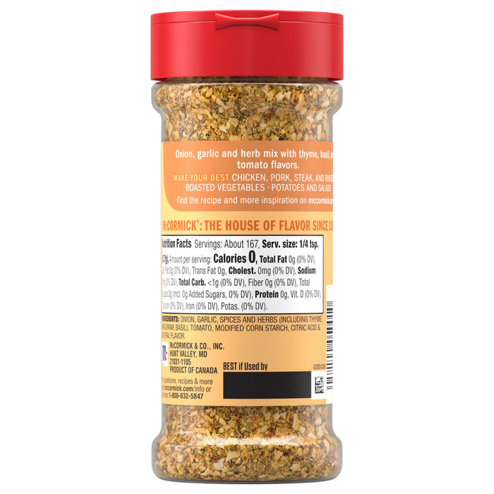The back label of a bottle of Mccormick Onion And Herb Seasoning Crystal 4.16 Oz displays the nutrition facts and a list of ingredients including onion garlic and herbs like thyme and basil.