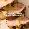 Slices of roasted pork tenderloin are drizzled with a creamy sauce prepared with Mccormick Onion And Herb Seasoning Crystal 4.16 Oz to provide a savory flavor boost.