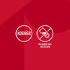 An infographic for Mccormick Vegetable Seasoning Assorted Form 4.16 Oz featuring white icons on a red background that highlight the product is kosher and contains no added salt or fillers.