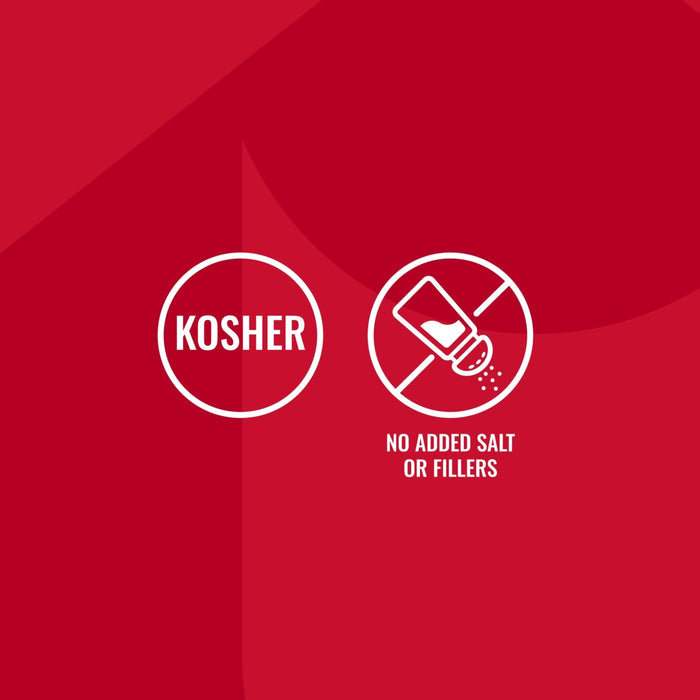 An infographic for Mccormick Vegetable Seasoning Assorted Form 4.16 Oz featuring white icons on a red background that highlight the product is kosher and contains no added salt or fillers.