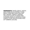 A list of ingredients for Mccormick Vegetable Seasoning Assorted Form 4.16 Oz including onion, garlic, spices like black pepper, thyme, and basil, as well as corn maltodextrin, red bell pepper, tomato, vinegar, and turmeric for color.