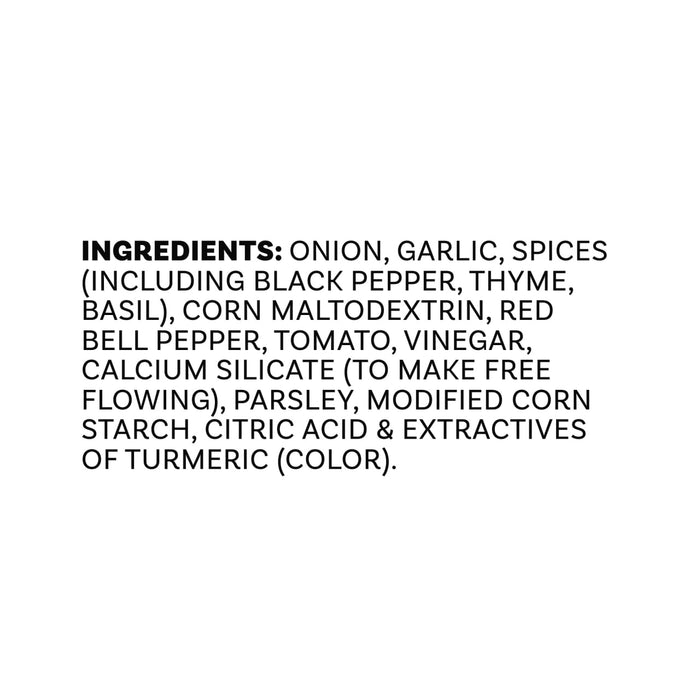 A list of ingredients for Mccormick Vegetable Seasoning Assorted Form 4.16 Oz including onion, garlic, spices like black pepper, thyme, and basil, as well as corn maltodextrin, red bell pepper, tomato, vinegar, and turmeric for color.