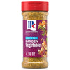 A clear plastic bottle of Mccormick Vegetable Seasoning Assorted Form 4.16 Oz featuring a purple label that highlights its salt free garden vegetable flavor profile.