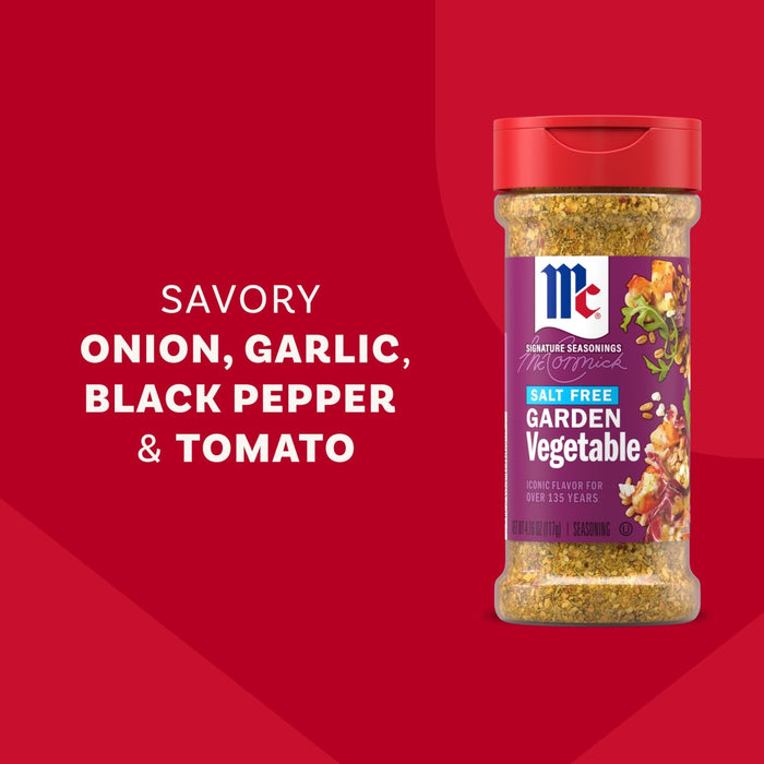 A bottle of Mccormick Vegetable Seasoning Assorted Form 4.16 Oz is displayed against a red background highlighting its savory blend of onion, garlic, black pepper, and tomato.