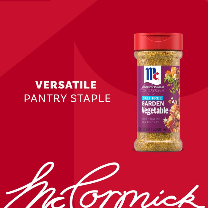 A bottle of Mccormick Vegetable Seasoning Assorted Form 4.16 Oz is displayed against a red background as a versatile pantry staple for iconic flavor.