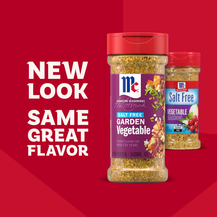An advertisement featuring the new packaging for Mccormick Vegetable Seasoning Assorted Form 4.16 Oz alongside the previous bottle design to highlight the updated look with the same great flavor.