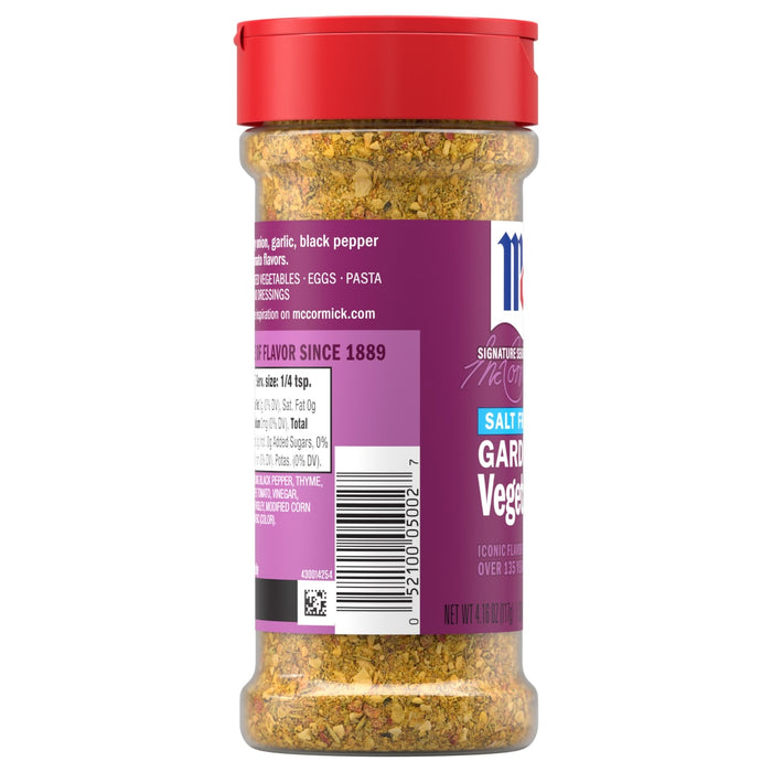 A clear bottle of Mccormick Vegetable Seasoning Assorted Form 4.16 Oz is shown from the side, displaying the purple label with nutritional facts and the barcode.