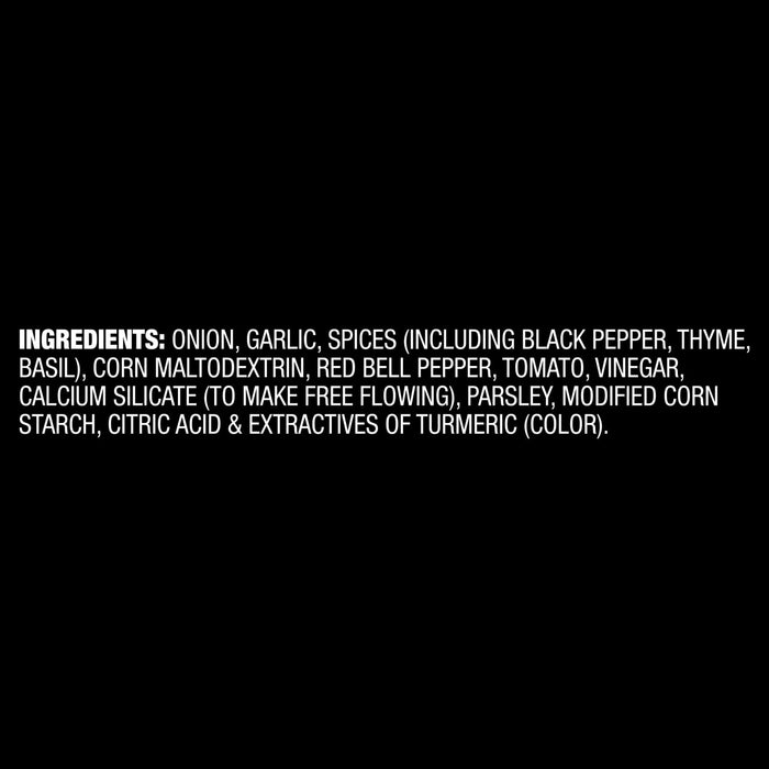 The ingredients list for Mccormick Vegetable Seasoning Assorted Form 4.16 Oz includes onion, garlic, spices, corn maltodextrin, and red bell pepper.