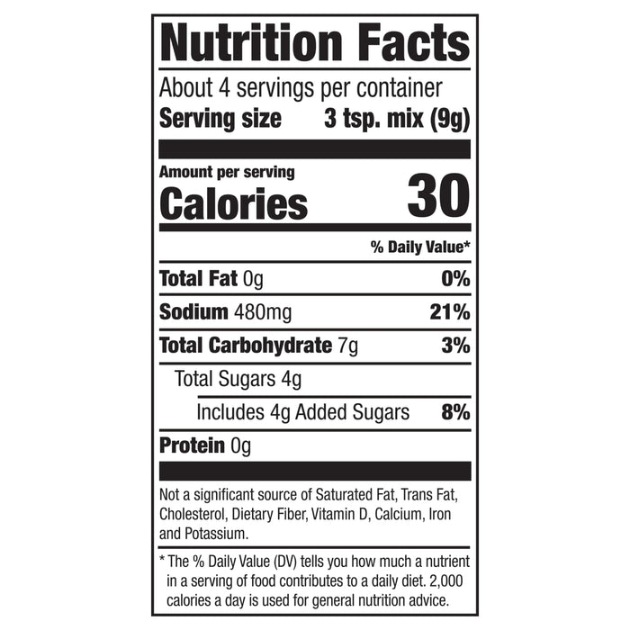 Nutrition facts label for a 2 teaspoon serving of a mix, showing 20 calories, 0% daily value of fat, 14% daily value of sodium, 1% daily value of carbohydrates, and 6% daily value of added sugars.