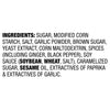A list of ingredients for a product, including sugar, modified corn starch, salt, garlic powder, brown sugar, yeast extract, corn maltodextrin, spices, soy sauce, caramel, sesame oil, and garlic.
