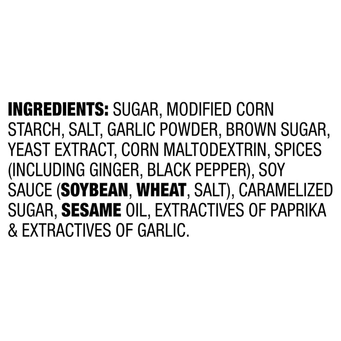 A list of ingredients for a product, including sugar, modified corn starch, salt, garlic powder, brown sugar, yeast extract, corn maltodextrin, spices, soy sauce, caramel, sesame oil, and garlic.