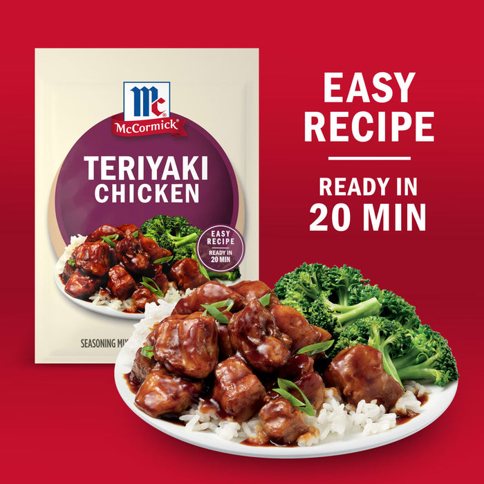 McCormick Teriyaki Chicken seasoning mix packet and a prepared dish of teriyaki chicken with rice and broccoli, highlighting its easy recipe ready in 20 minutes.