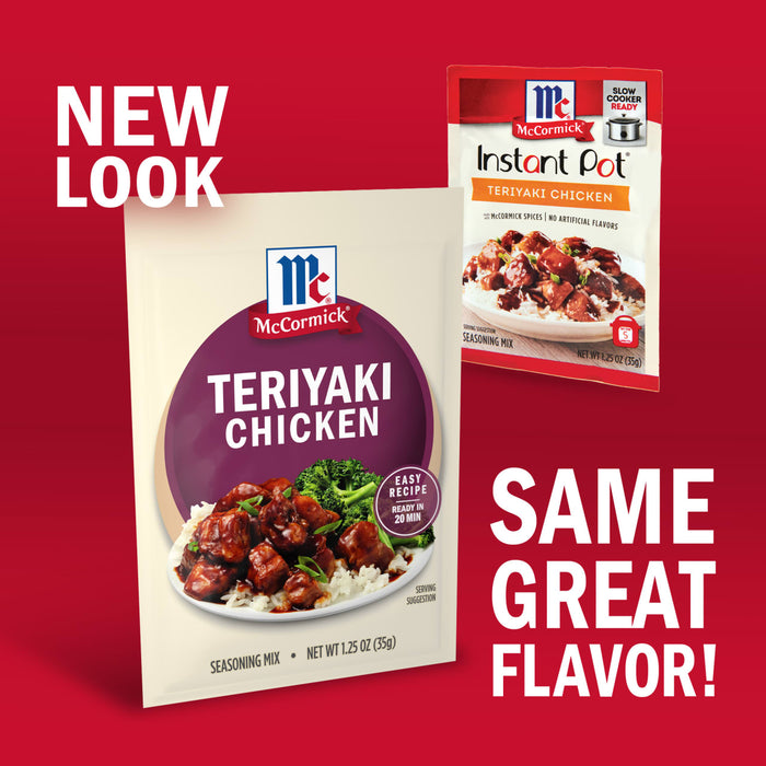 The image shows McCormick Teriyaki Chicken seasoning mix in new packaging, with the tagline "New Look, Same Flavor!"