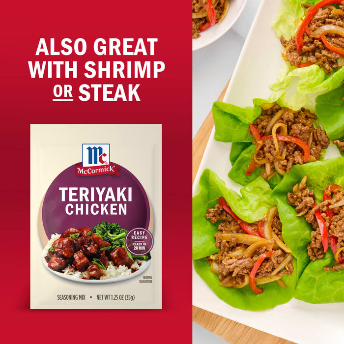 McCormick Teriyaki Chicken seasoning mix is shown with lettuce wraps filled with teriyaki chicken and vegetables.