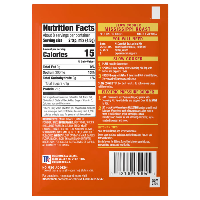 McCormick Mississippi Roast Seasoning Mix package with nutrition facts and instructions for preparing the roast.