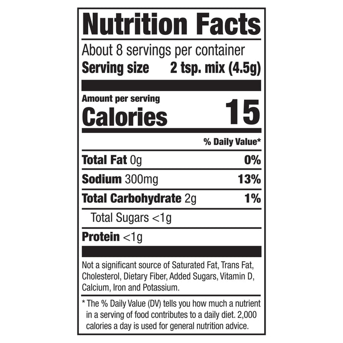 Nutrition facts label for a product with 15 calories per serving.